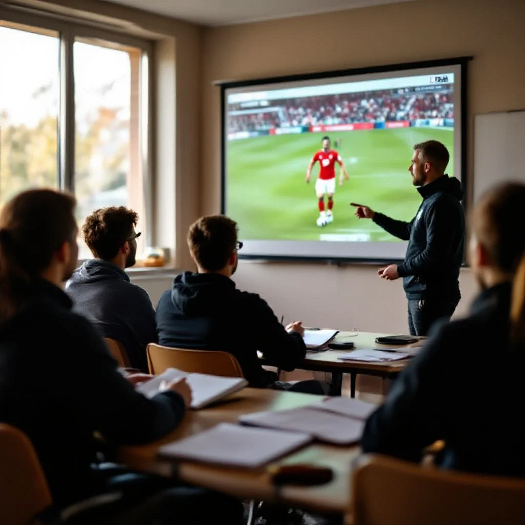 Academy players sitting in a tactical classroom