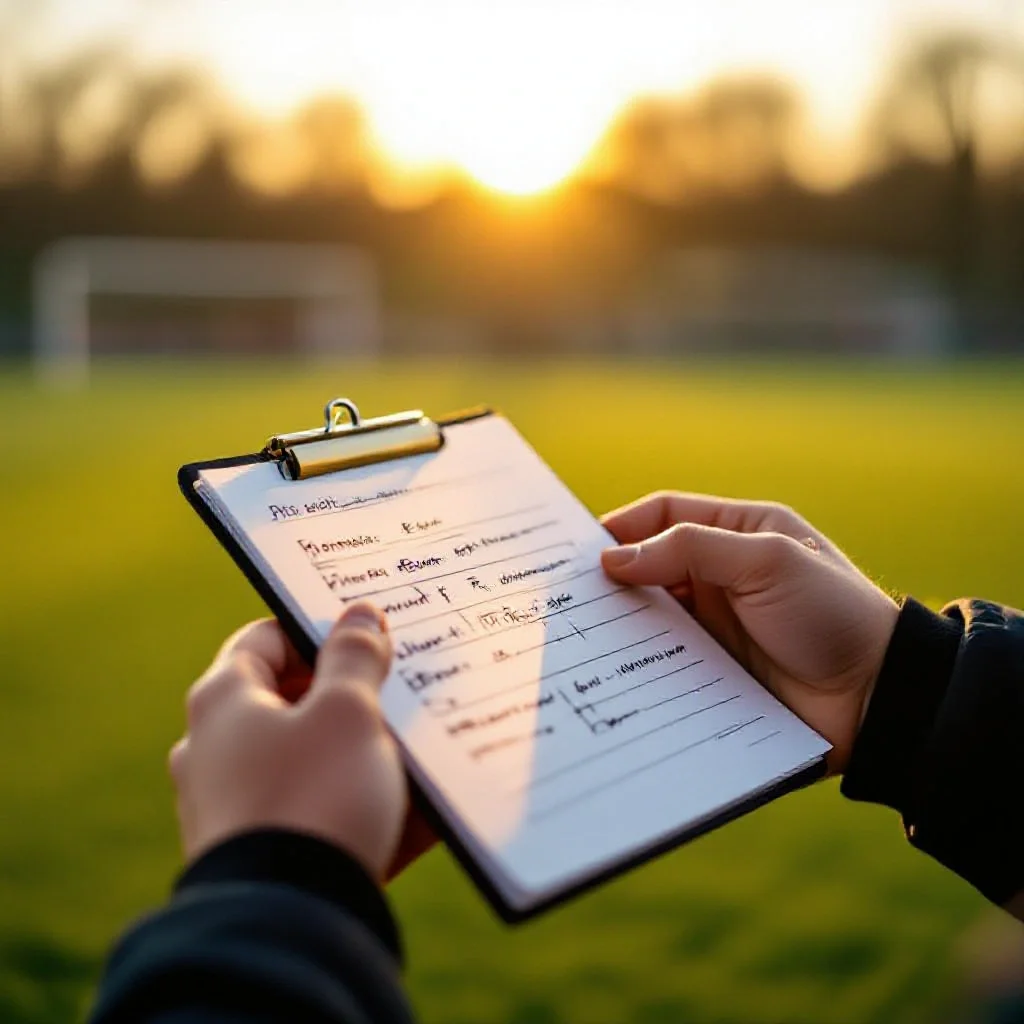 A young academy player’s hands holding a tactical notepad with their own hand...
