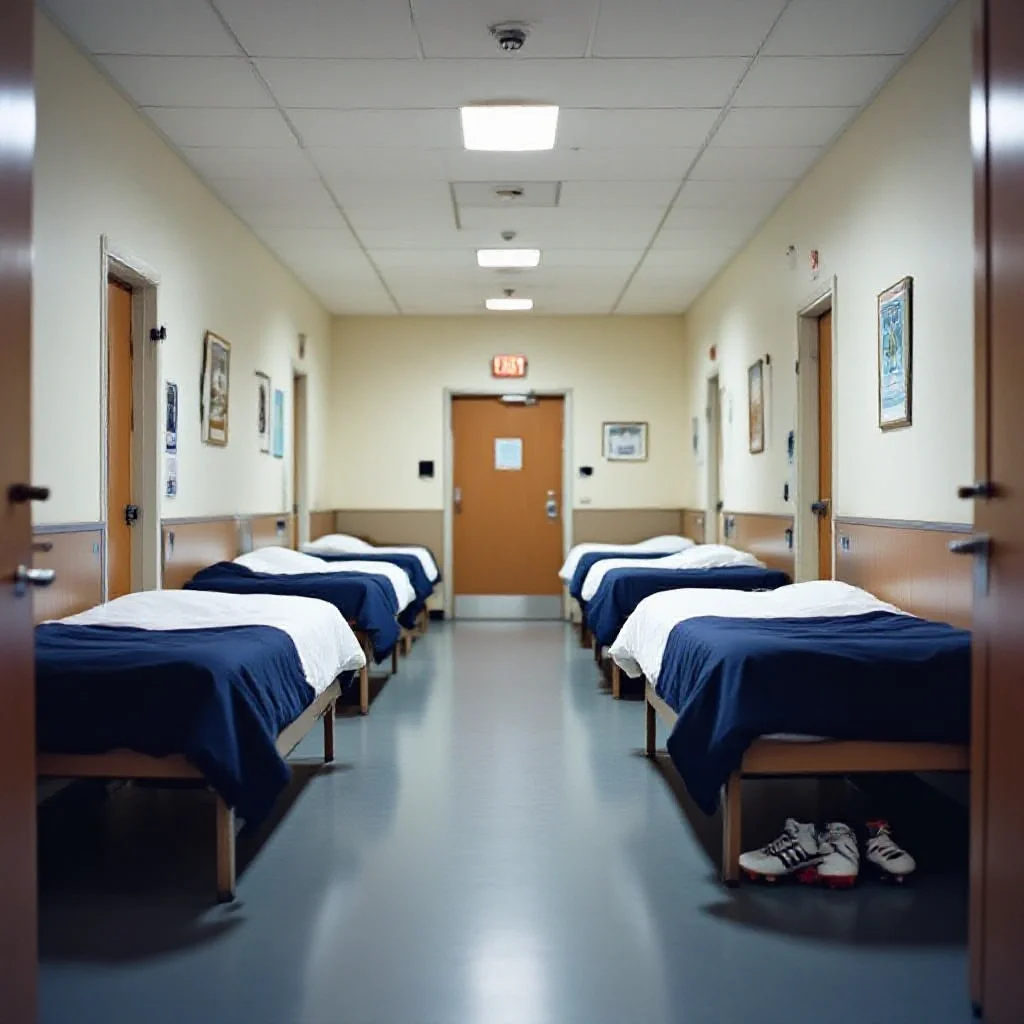 An academy dormitory corridor, clean single beds