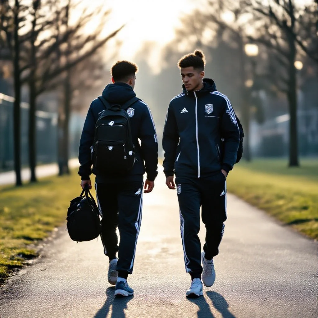 Two academy players in matching tracksuits walking to training together