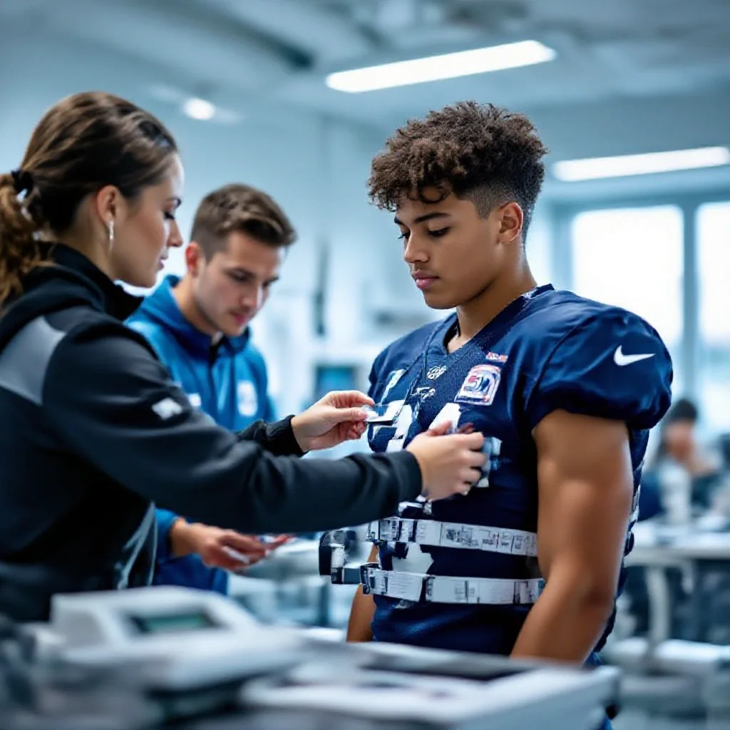 A young player being measured and weighed by a sports scientist with digital...