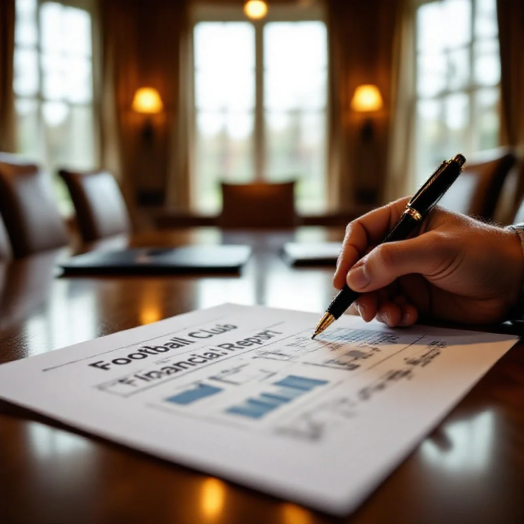 A football club financial report document open on a polished boardroom table