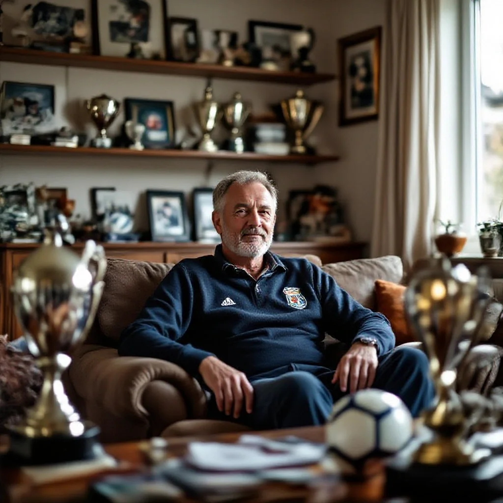 A retired footballer in his mid-50s sitting in a living room surrounded by fo...