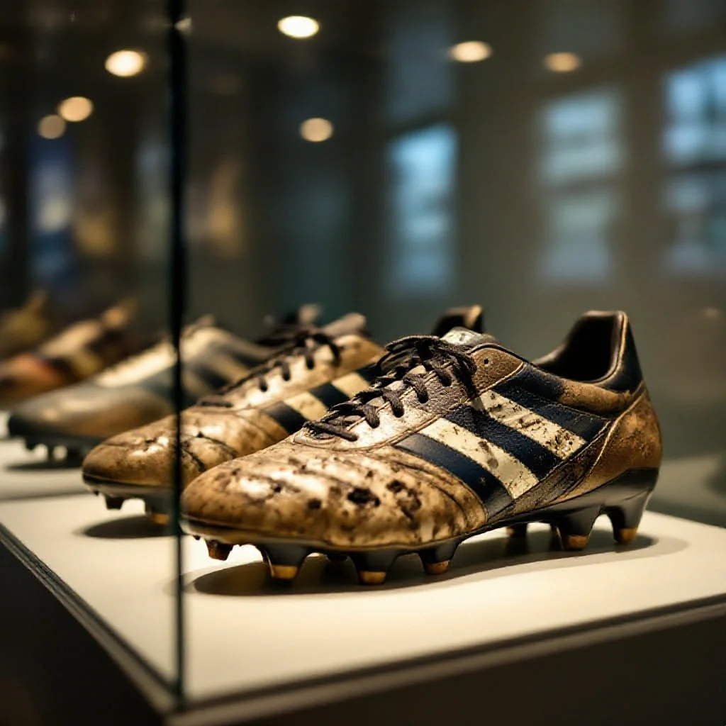 Worn football boots in a glass display case in a club museum