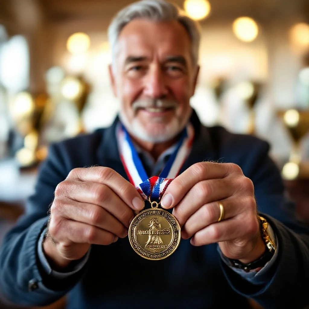 A retired player’s aged hands holding a championship medal