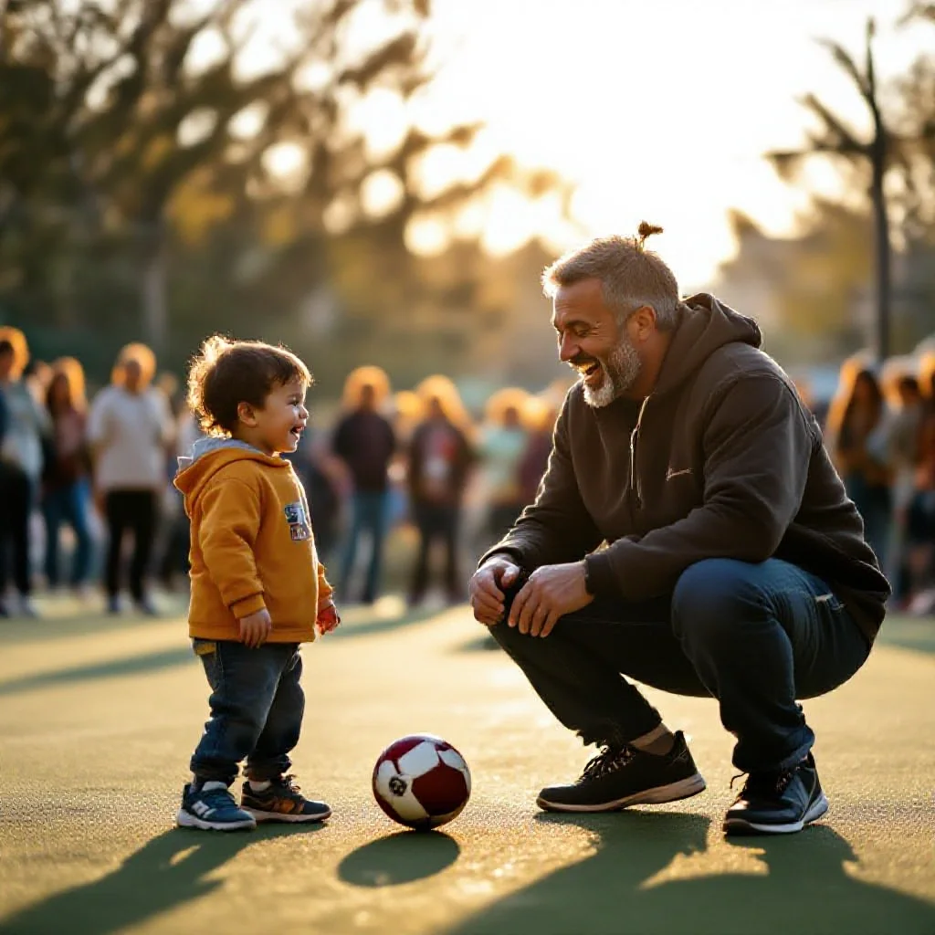 A former player showing a young fan a football trick on a small court