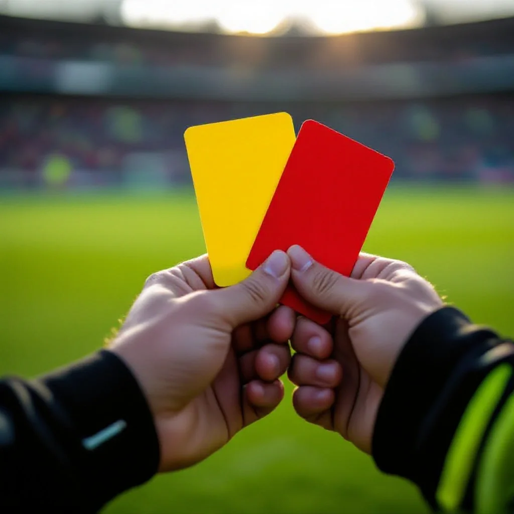 A referee’s yellow card and red card held together in one hand