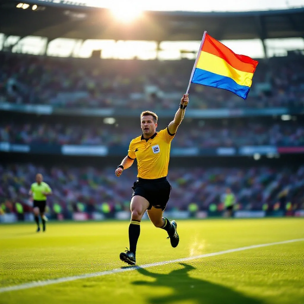 A linesman running the line with flag raised for offside