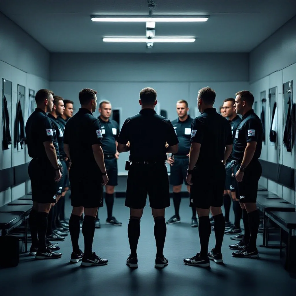 Football referees being briefed before a match in a changing room