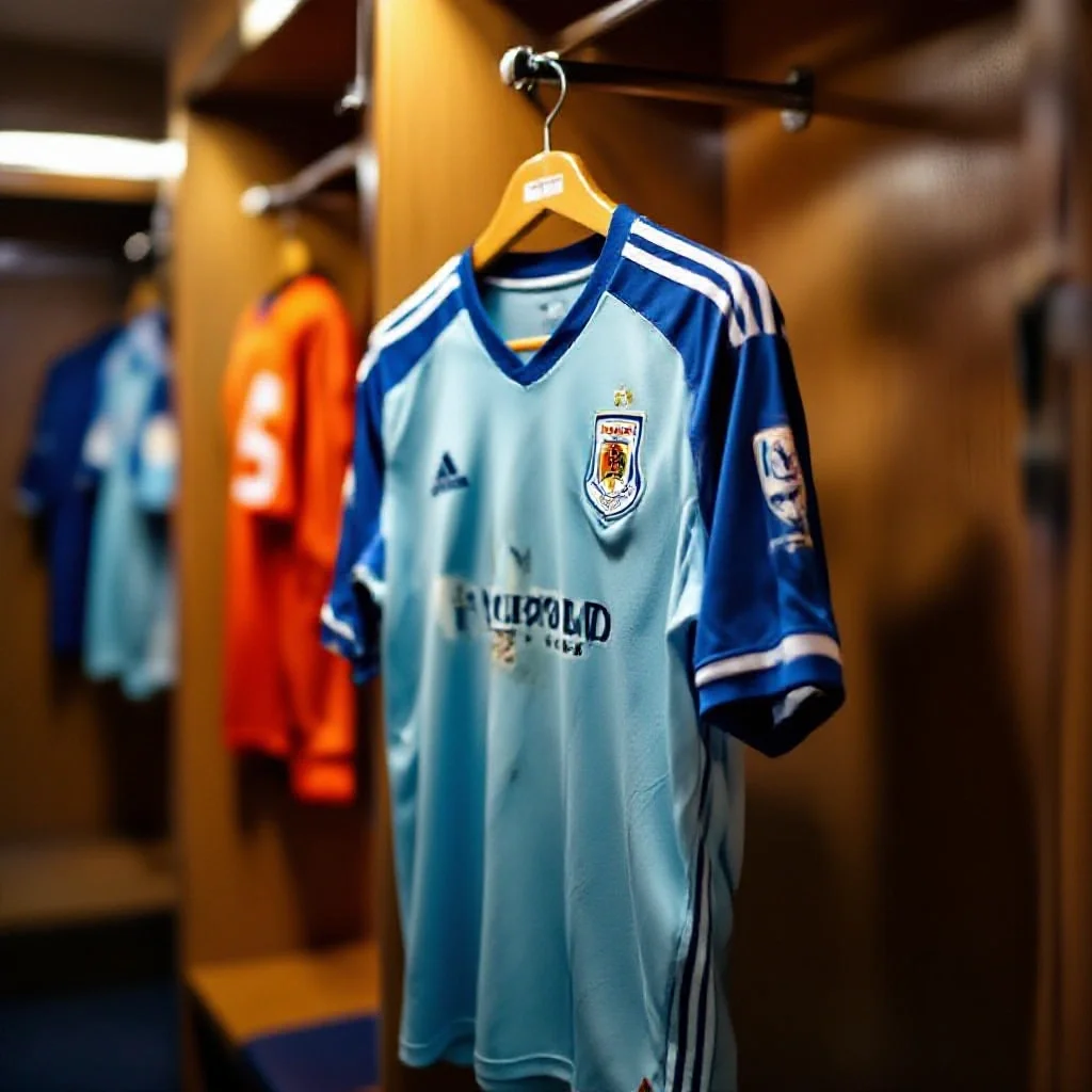 A football kit hanging on a peg in a dressing room