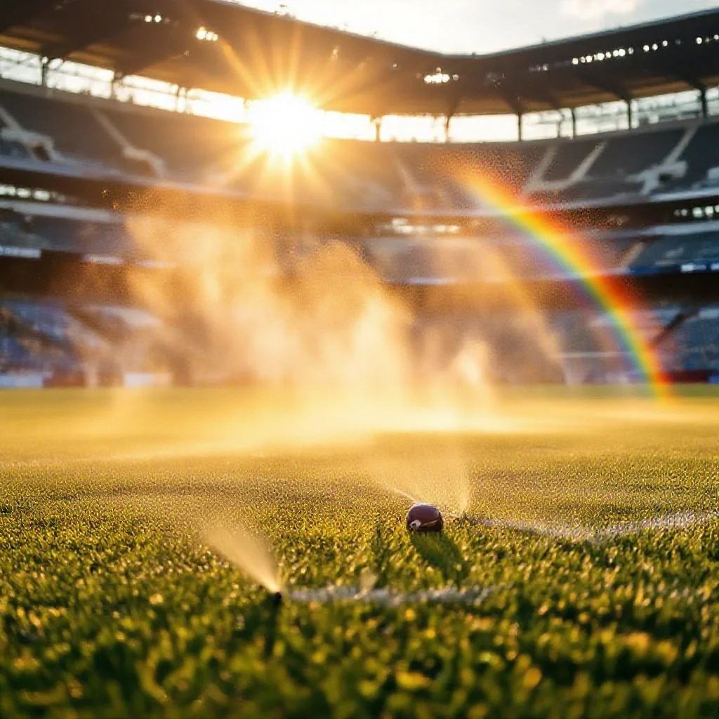 An empty football stadium in summer with the sprinkler system watering the pitch