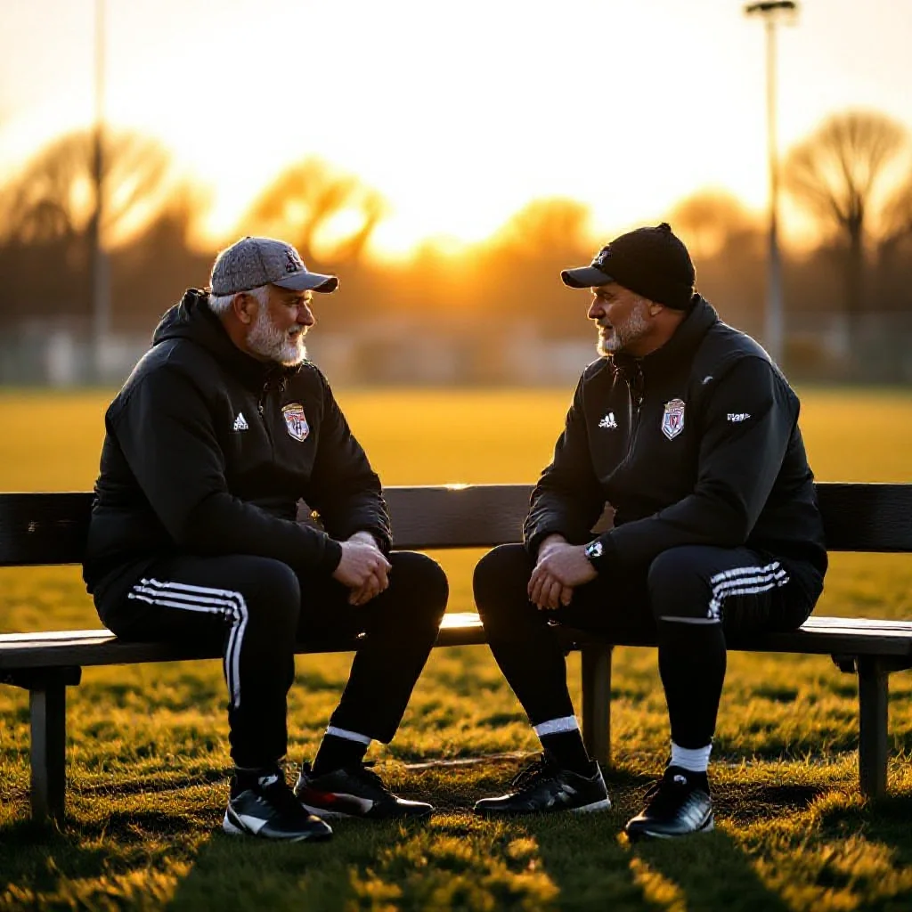 Two veteran football players sitting on a training pitch fence talking quietl...