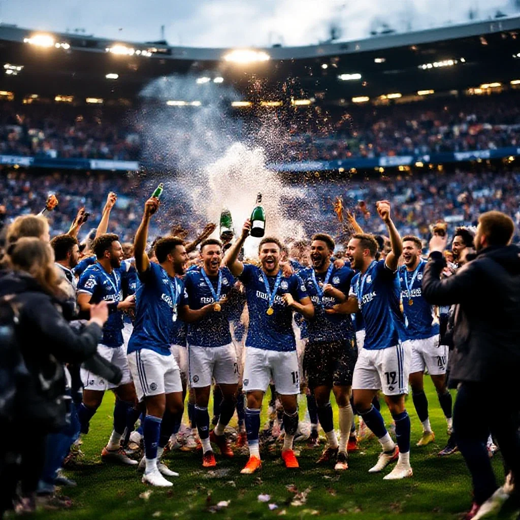 Players celebrating a season’s end with champagne on the pitch