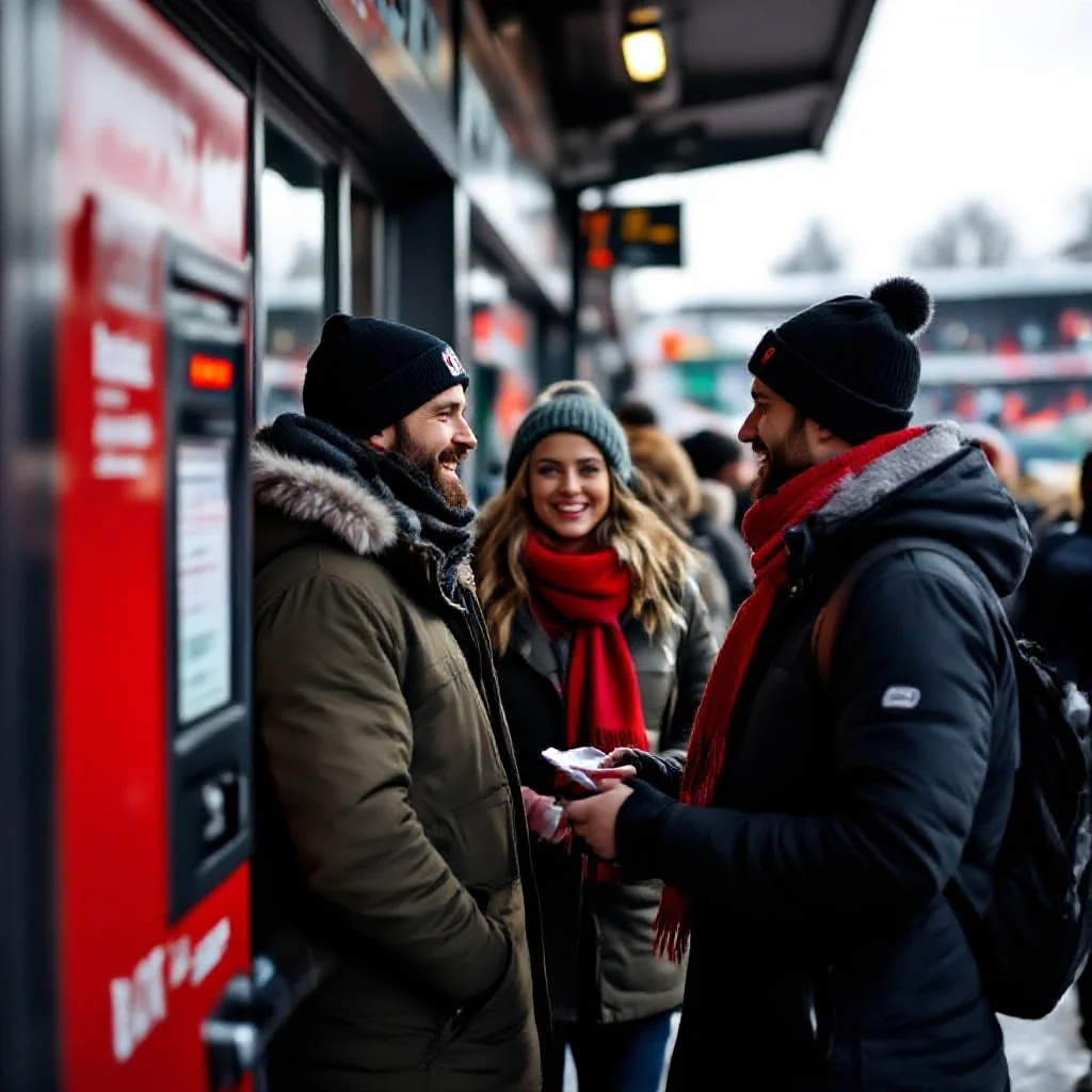 Supporters queuing at a stadium ticket booth