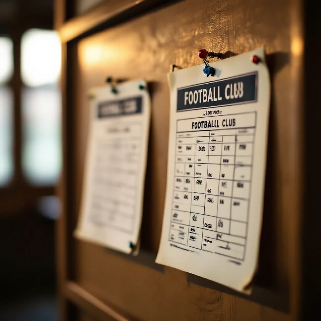 Two football club fixture lists posted on a noticeboard with drawing pins