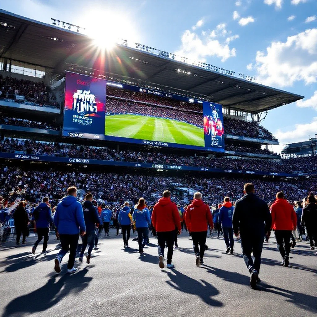 A football stadium exterior with a large banner announcing an upcoming fixture
