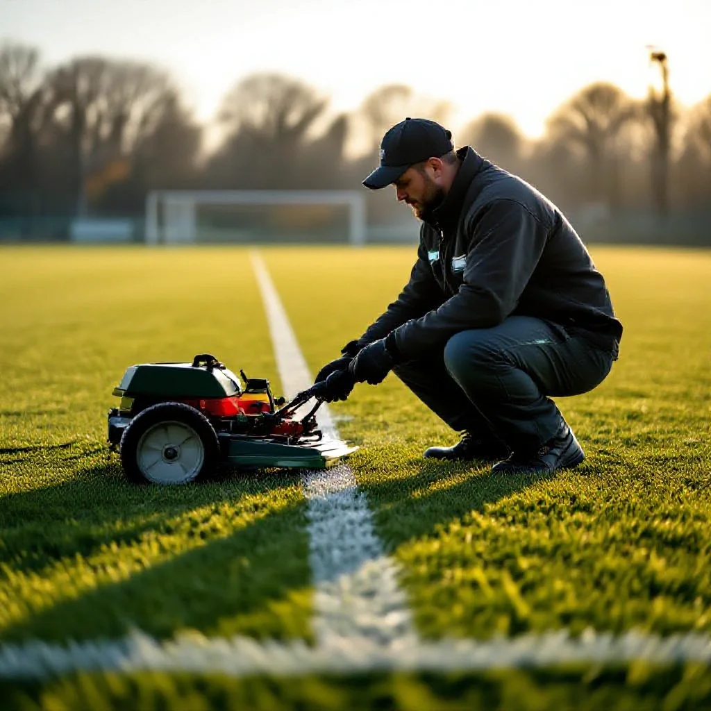 A football pitch groundskeeper painting fresh white lines on the grass with a...