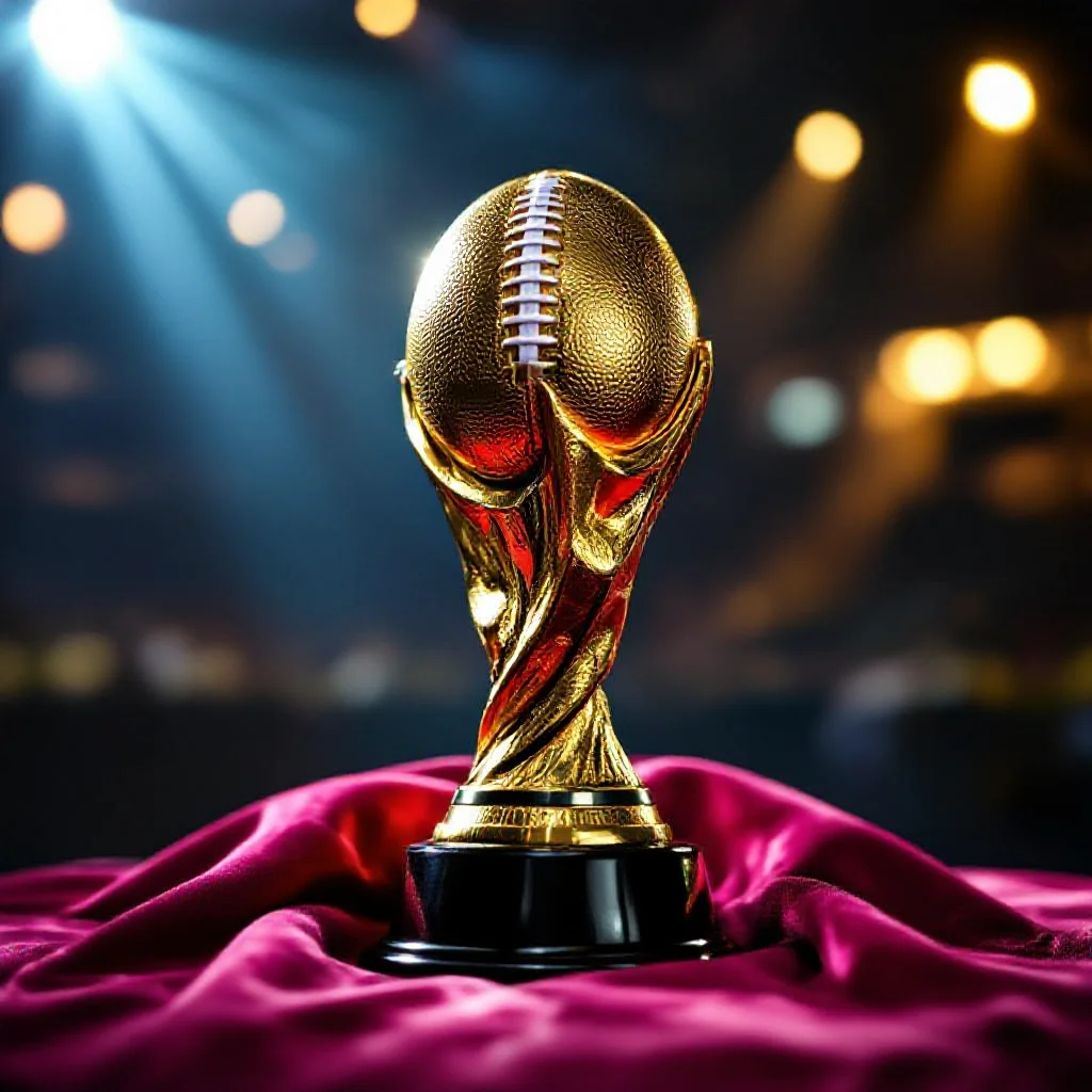 Gros plan d'un trophee de football dore sur un tissu en velours