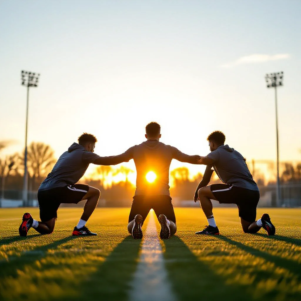 Joueurs de football s'etirant sur un terrain d'entrainement au lever du soleil