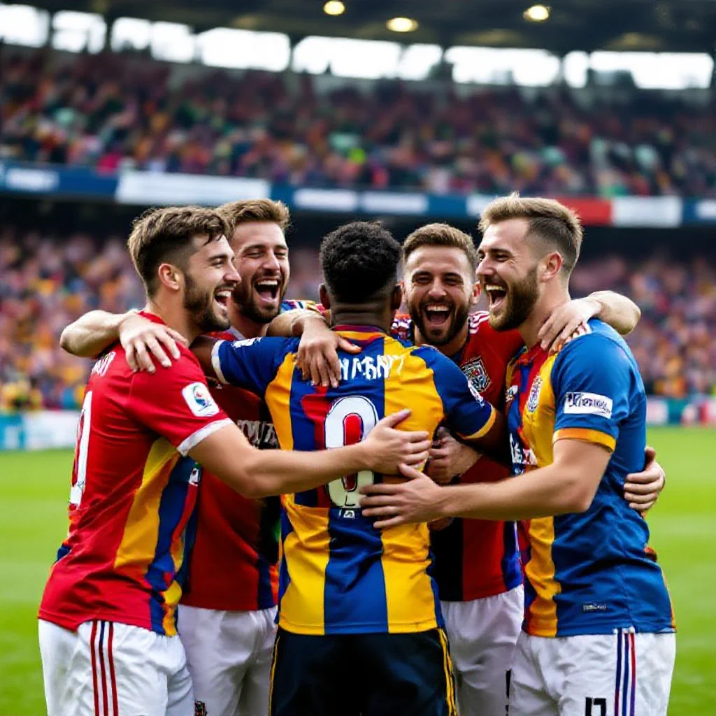 Equipe de football amateur celebrant un but ensemble dans un petit stade