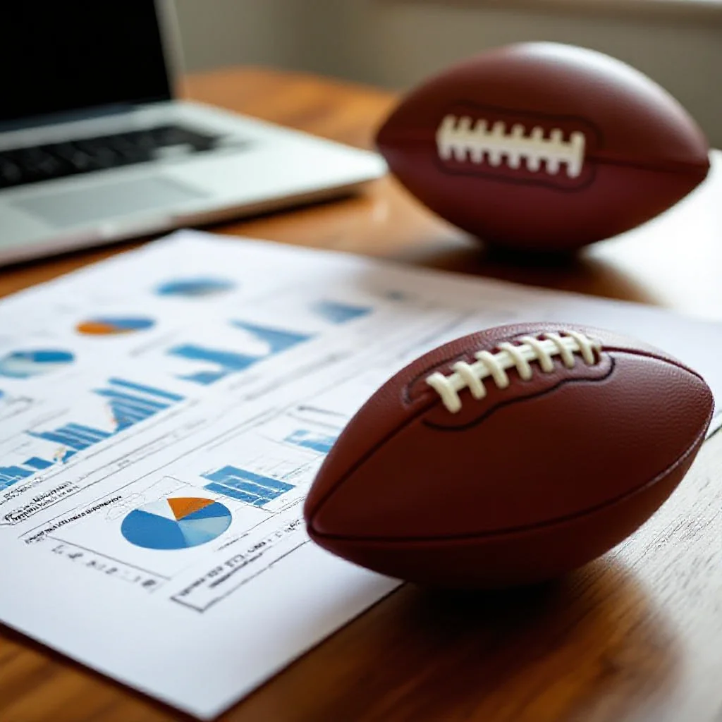 Documents financiers et tableurs sur un bureau avec un ballon de football en arriere-plan