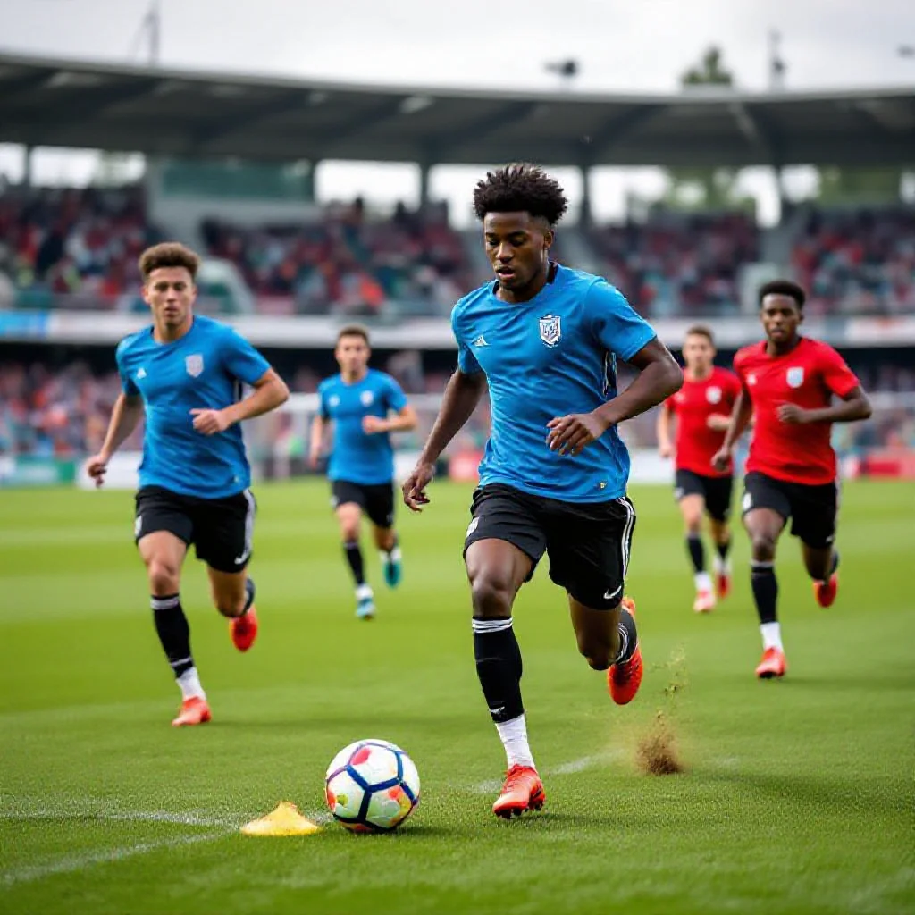 Jeunes joueurs d'academie de football courant sur un terrain professionnel