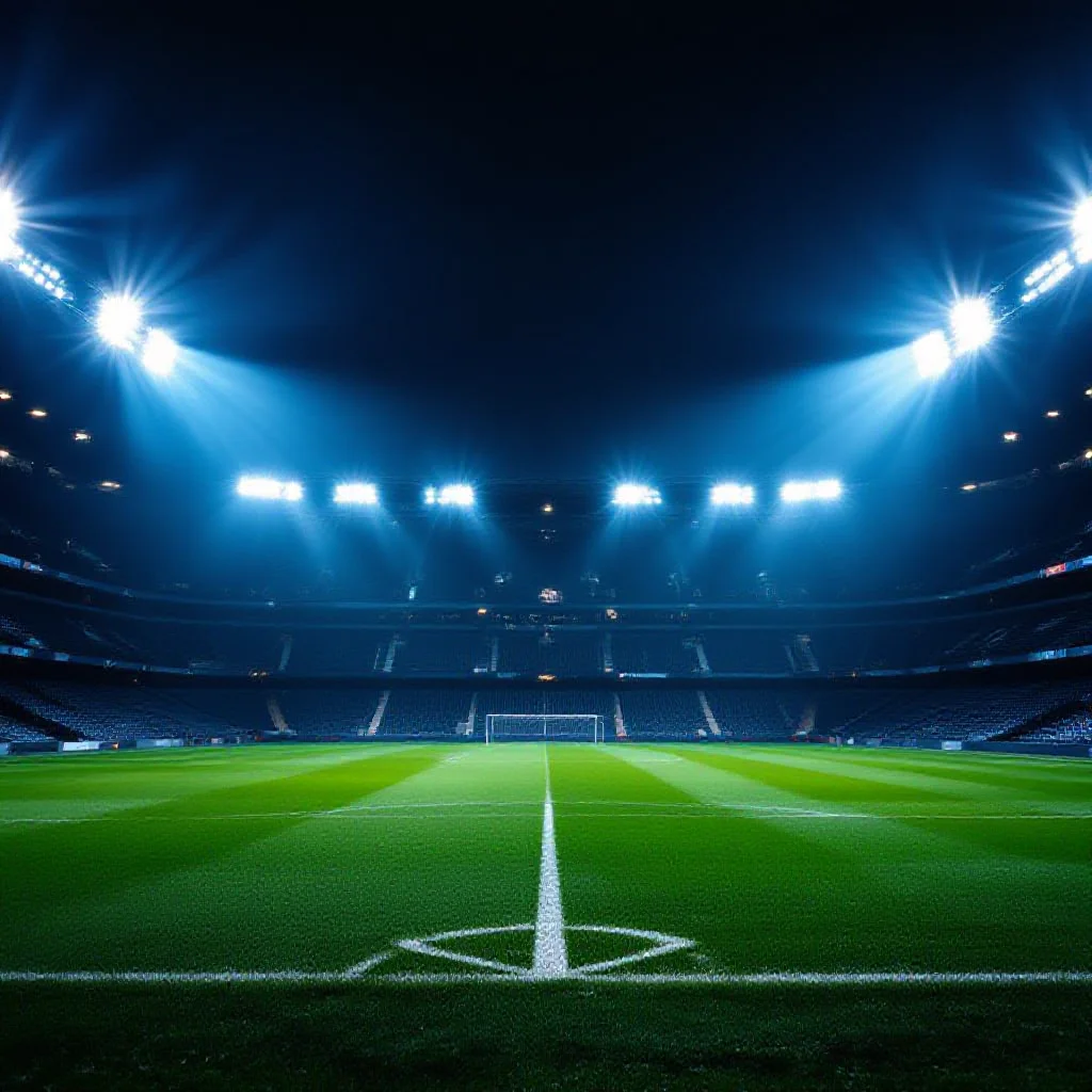 Stade de football professionnel eclaire par des projecteurs la nuit