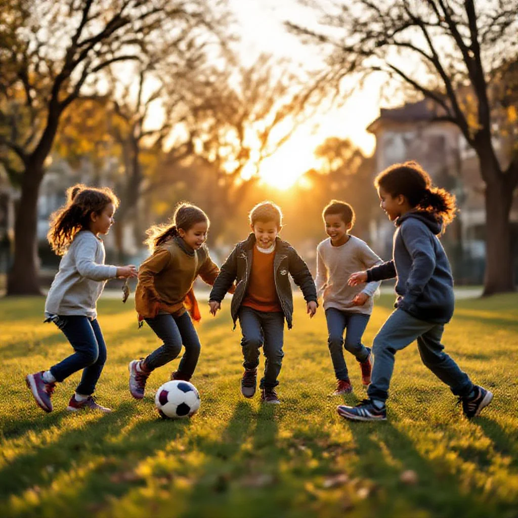 Groupe d'enfants jouant au football dans un parc urbain au coucher du soleil