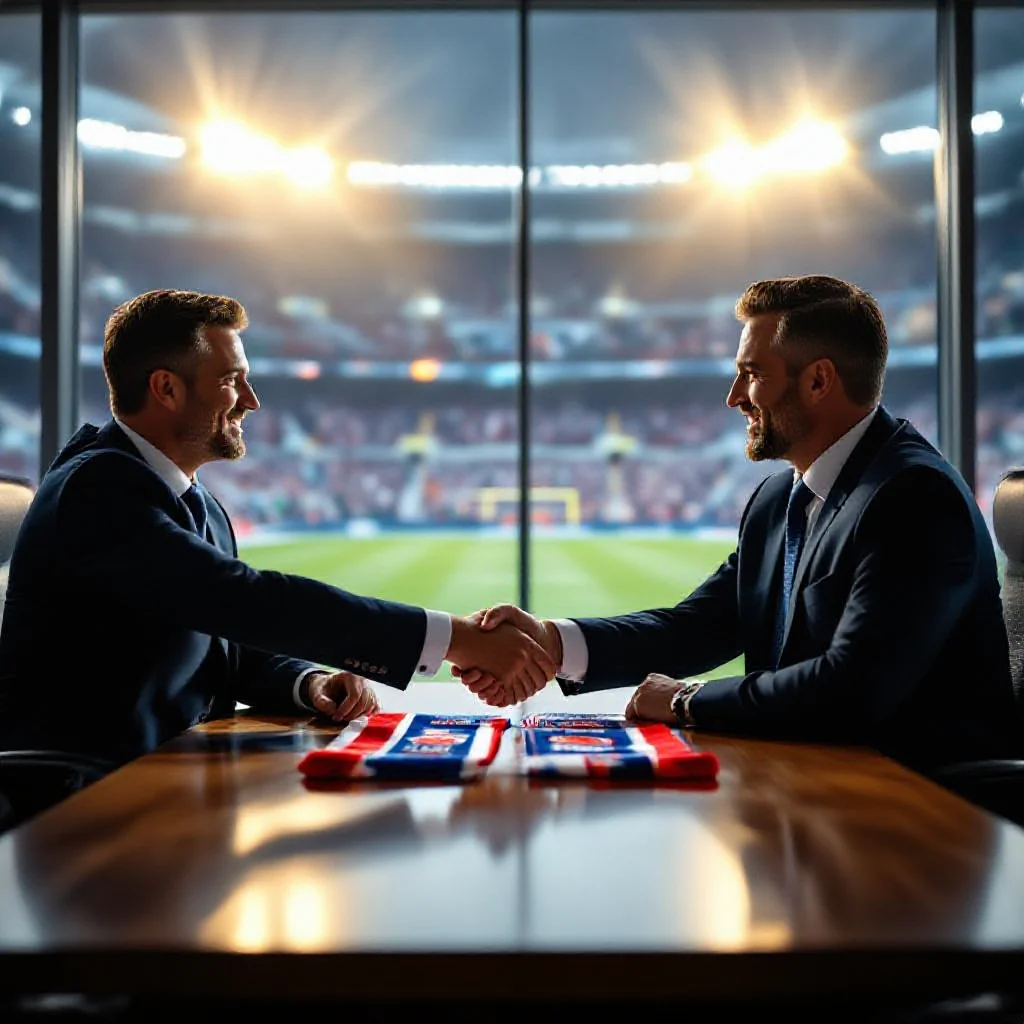 Deux dirigeants de football en costume se serrant la main dans un bureau avec vue sur un stade