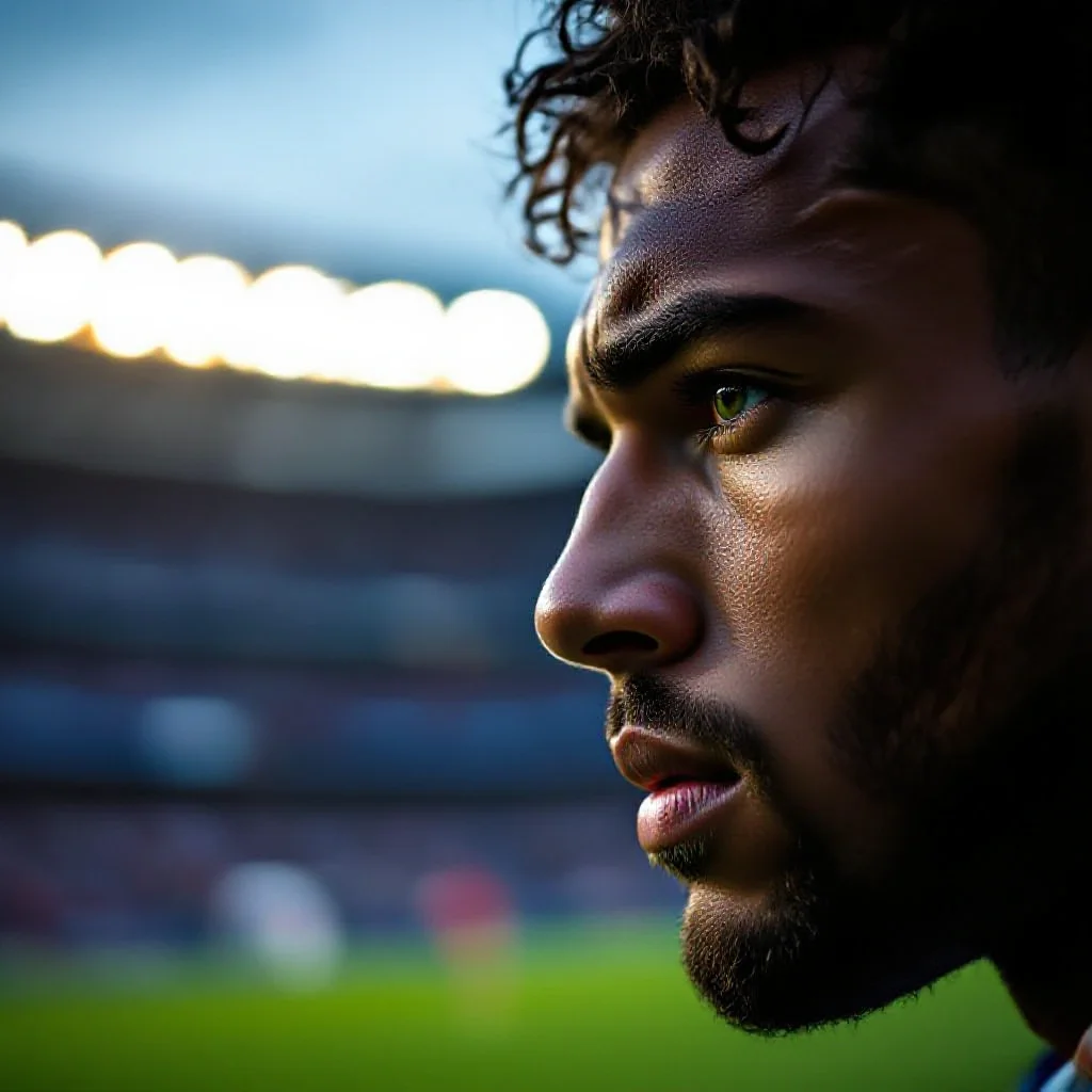 A football player’s face in close-up at the moment of taking a decisive free...