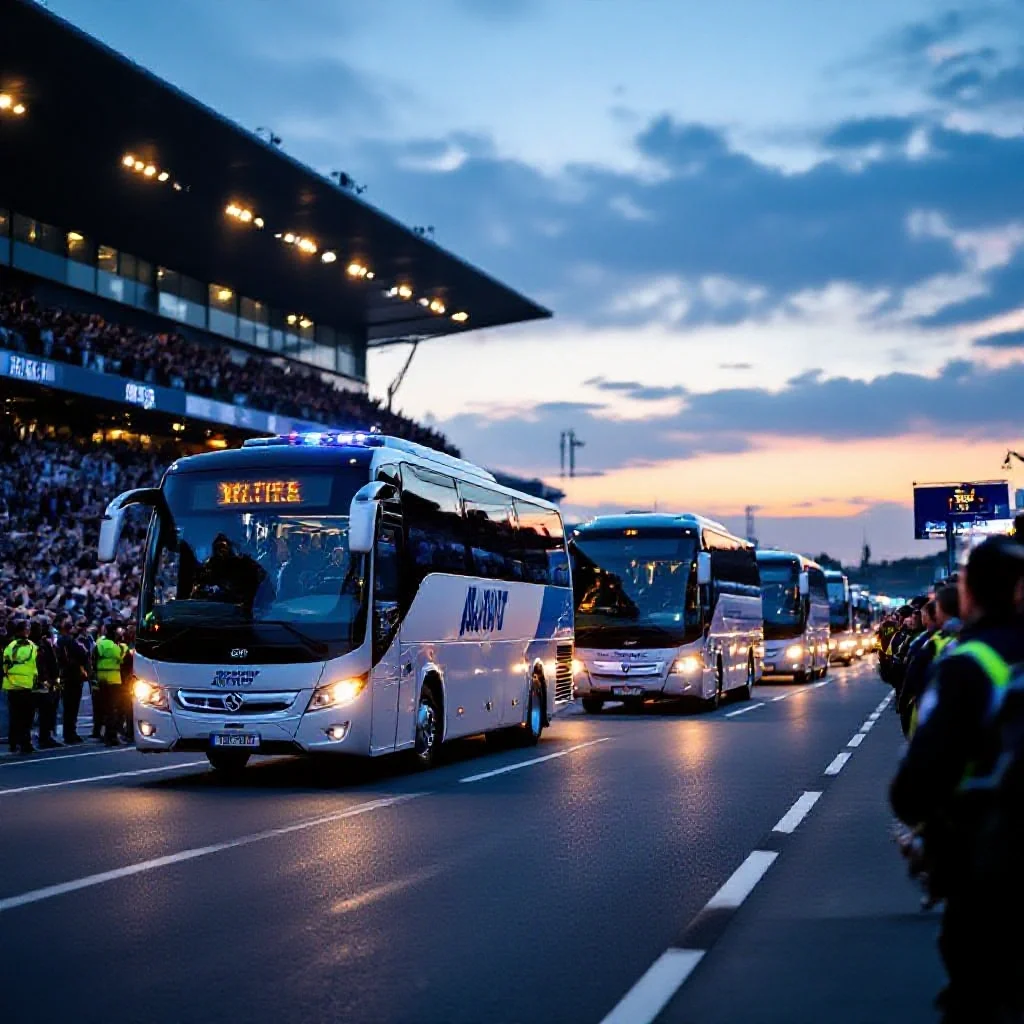 Two football team bus convoys arriving at a European stadium with police escort