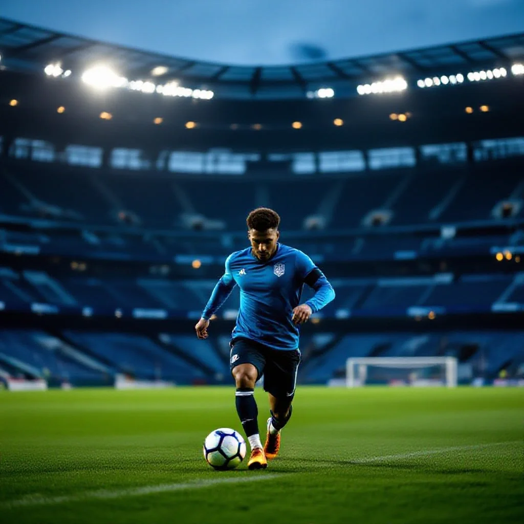 A football player warming up alone on the pitch of an empty European stadium