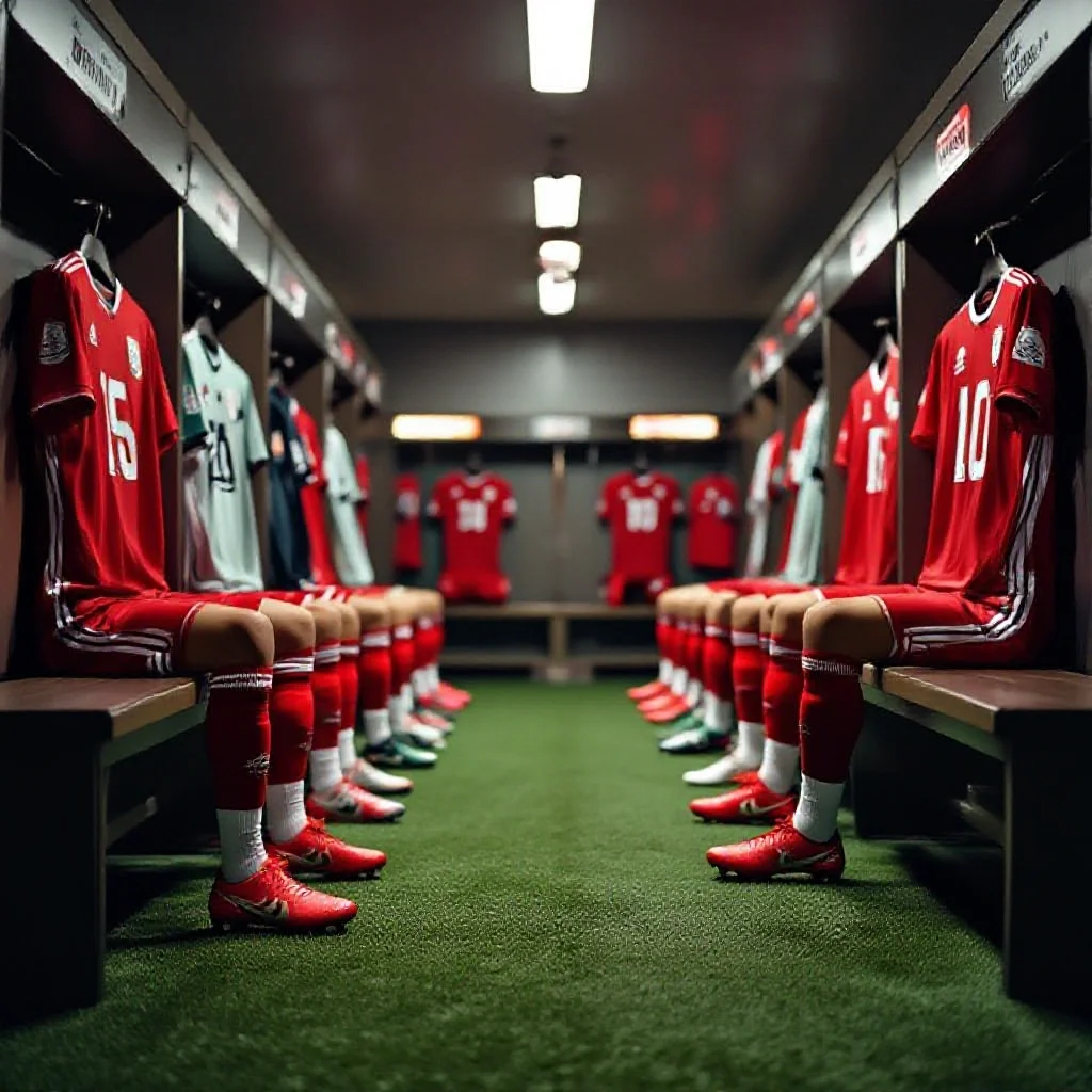 Medium shot editorial photography inside a professional football dressing roo...