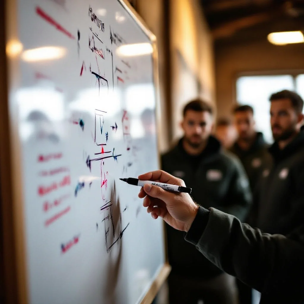 A tactical whiteboard covered in arrows