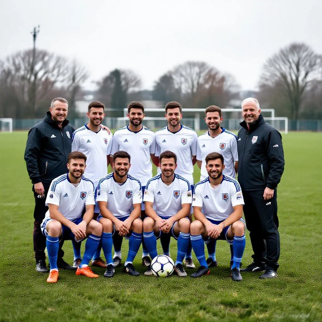 A small-town French football club team photo on a modestly sized pitch