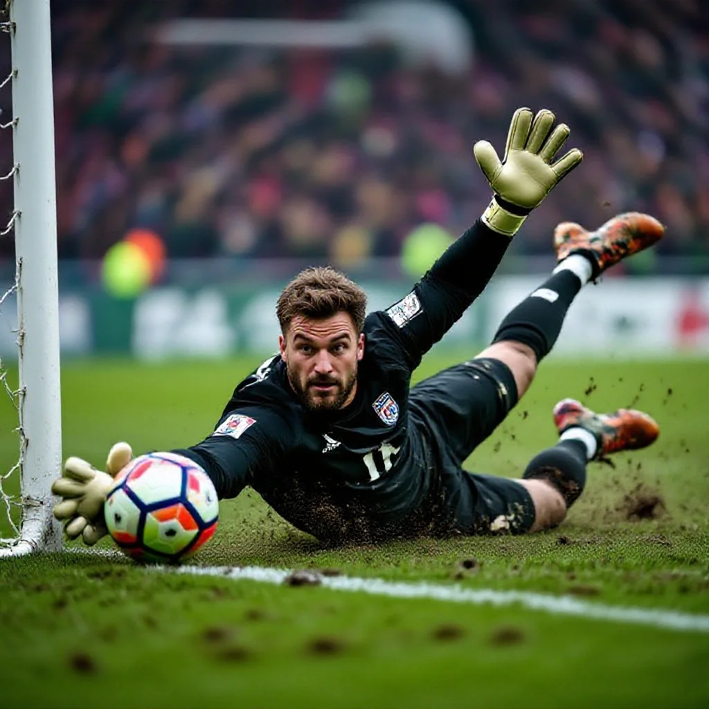A goalkeeper making a brilliant diving save in a Coupe de France match