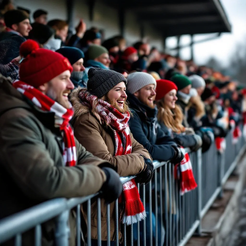 Supporters of a small amateur football club cheering from a simple metal rail...