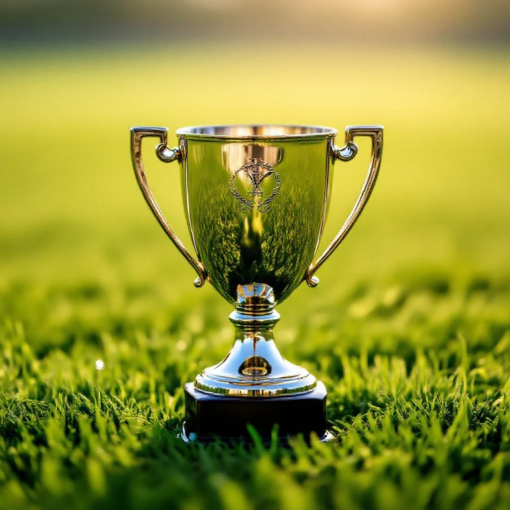 A trophy cup sitting on a patch of grass under soft diffused daylight