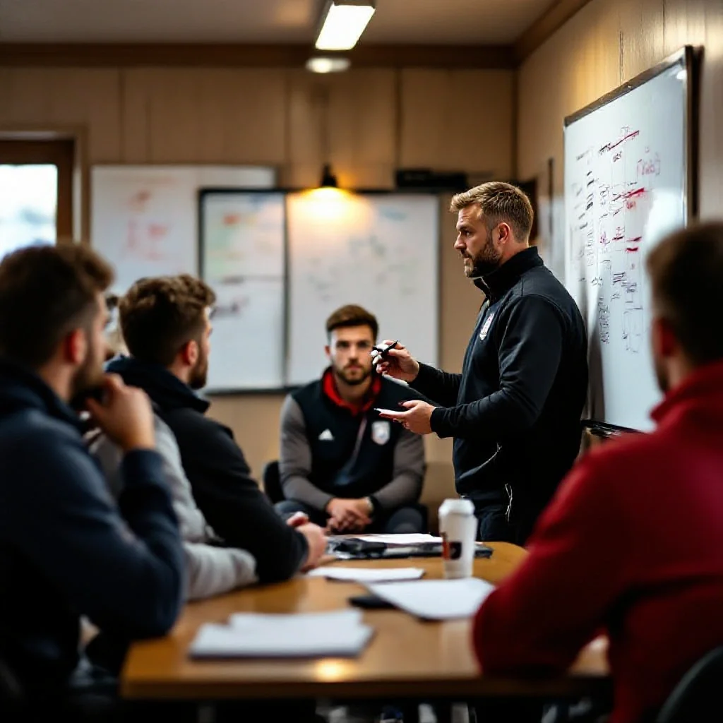 A football coach writing tactical notes on a whiteboard in a modest club room