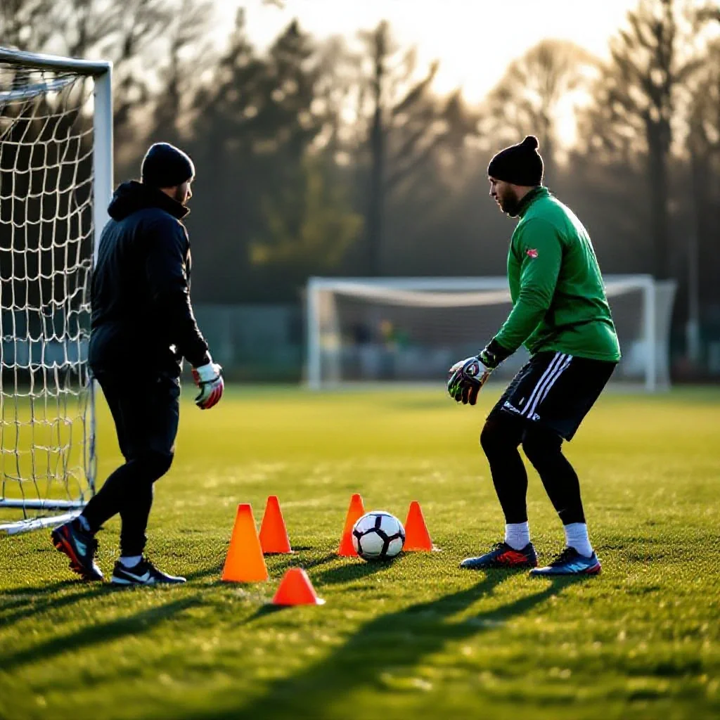 A goalkeeper training session focused on positioning, coach placing cones in...