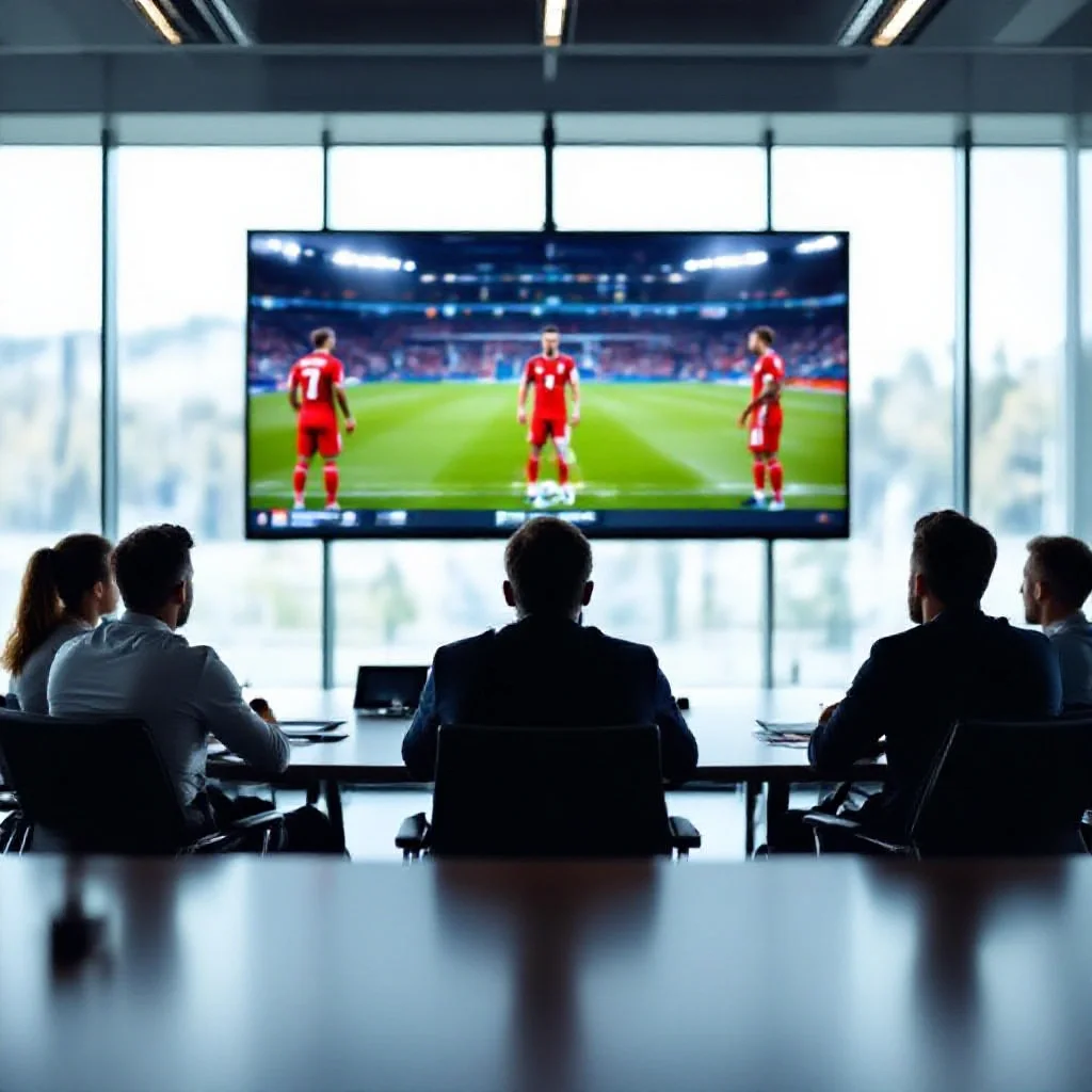 A team listening to post-match tactical debrief in a large meeting room