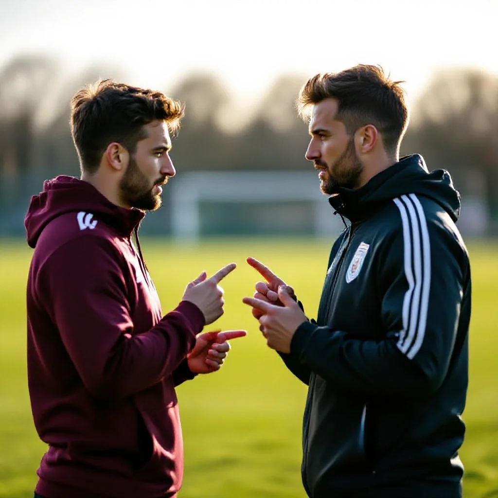 Two players discussing tactics using hand gestures on the training pitch