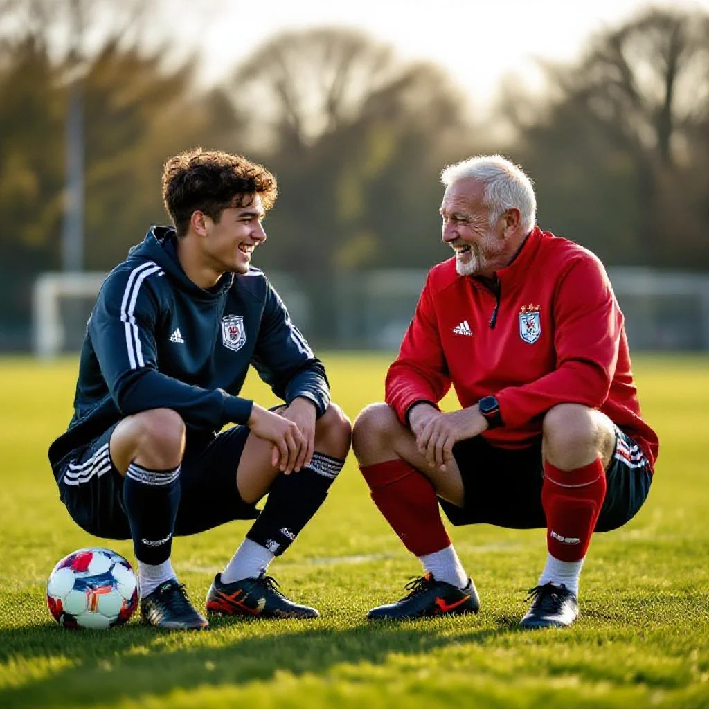 A young footballer aged 20 beside a retired player aged 60 on a pitch
