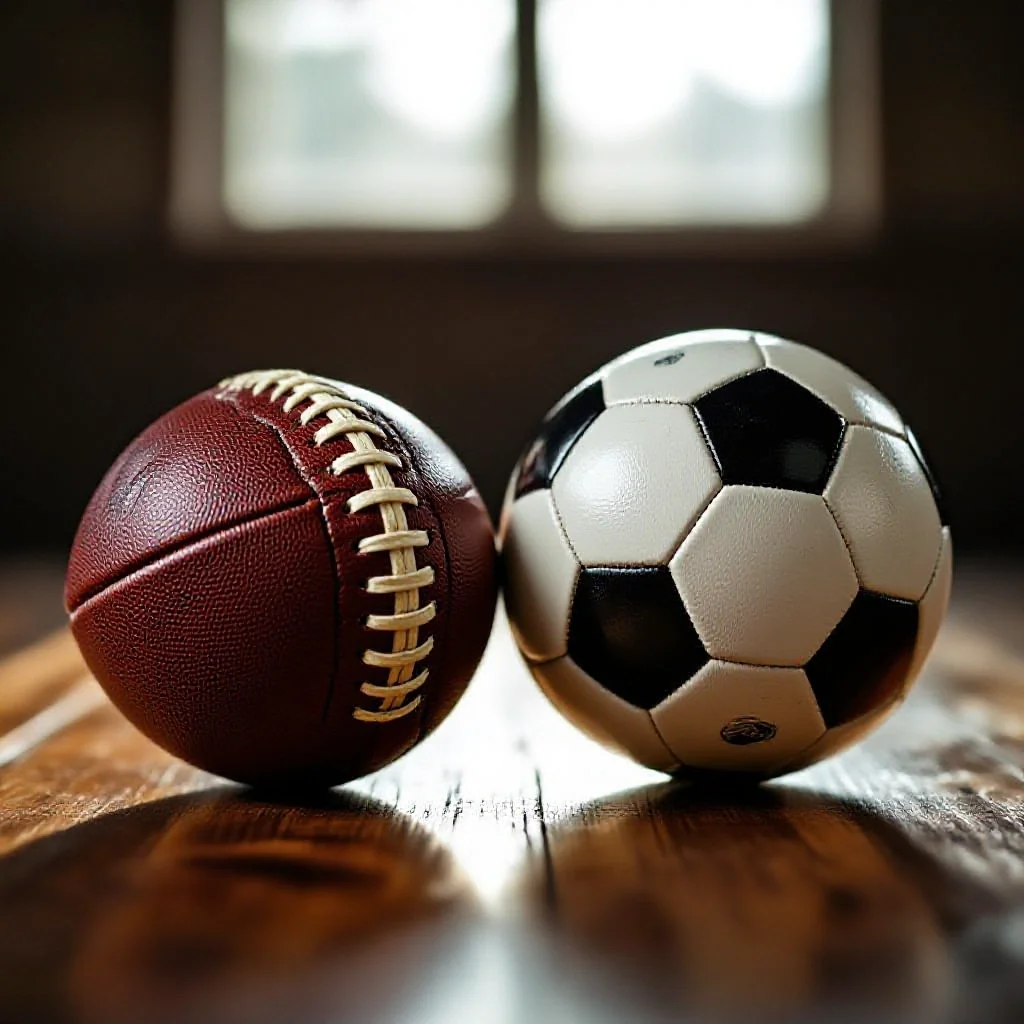 A worn leather football from the 1970s beside a modern synthetic match ball o...