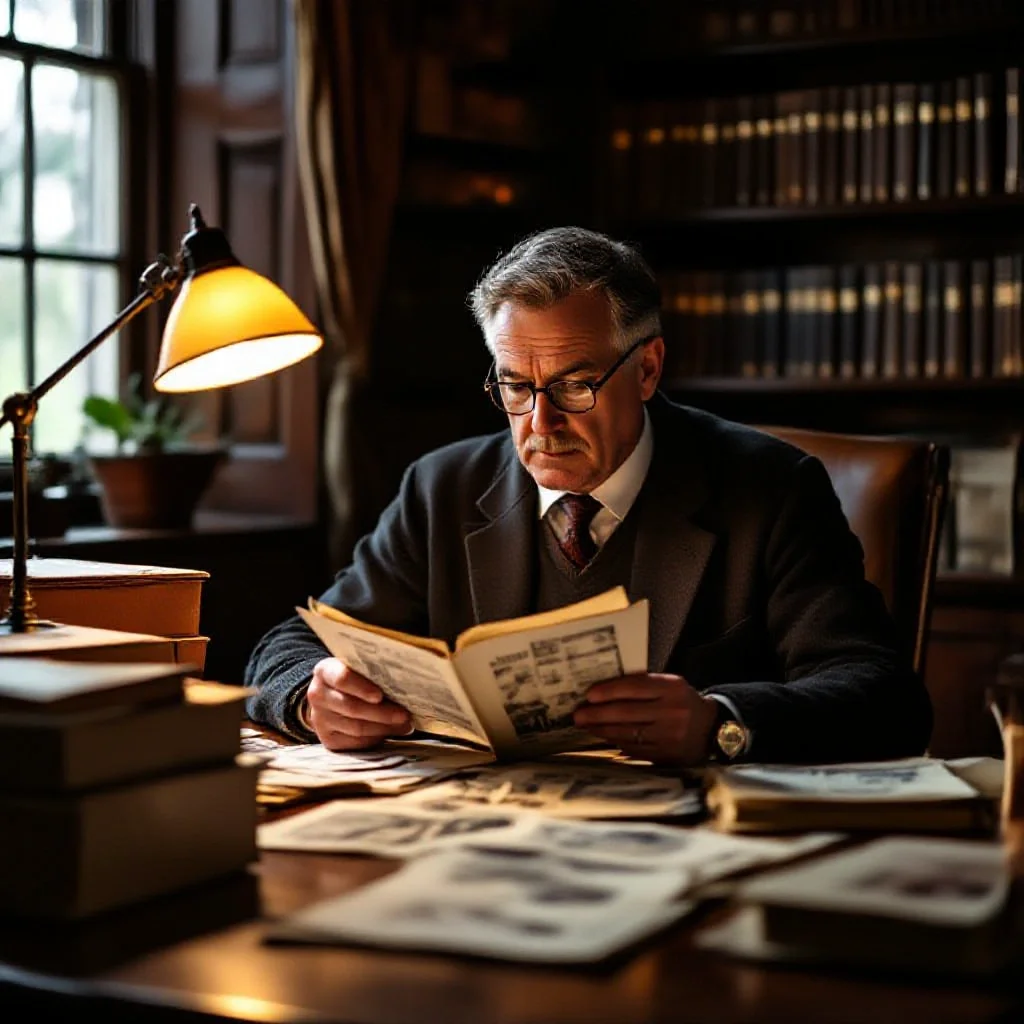 A club historian at a desk surrounded by archive boxes of photographs and doc...