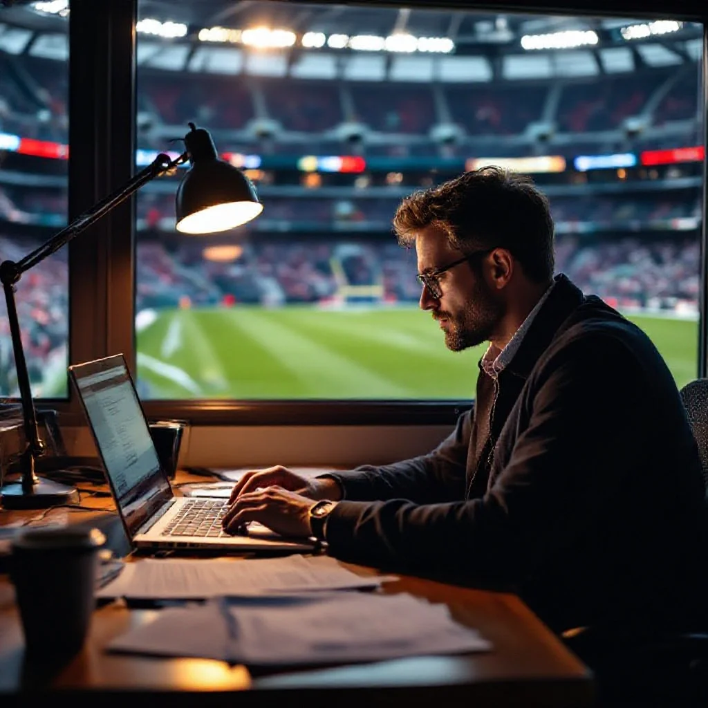 A journalist at a laptop in a football stadium press box
