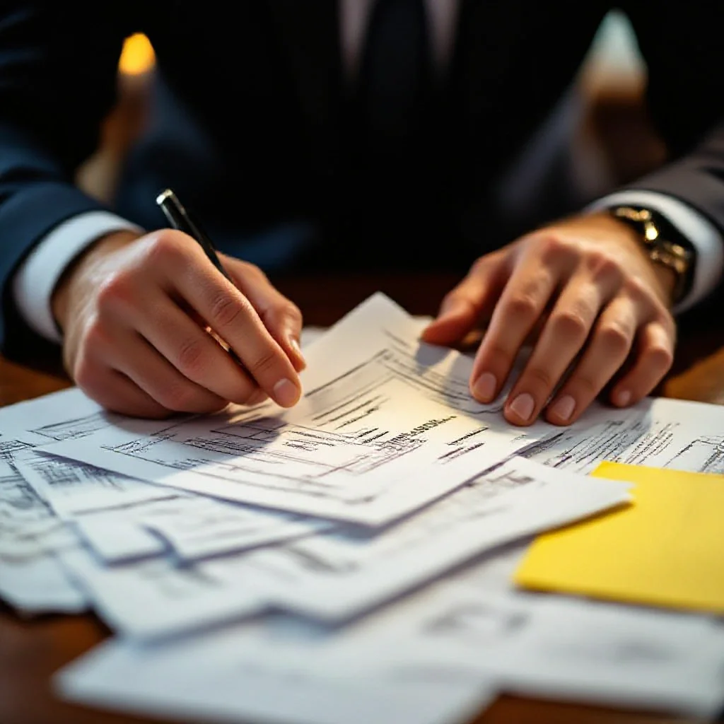 Hands sorting through a pile of football contracts and legal documents on a desk