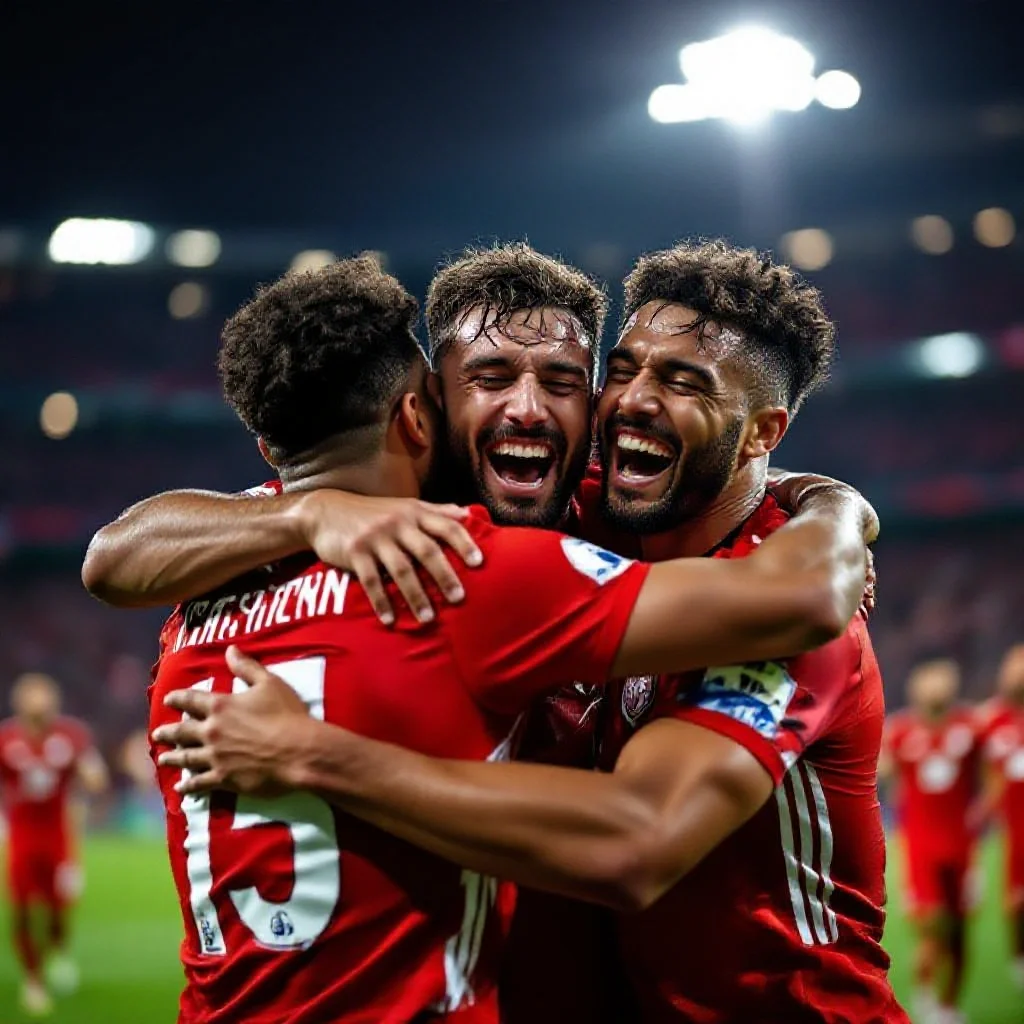 A football player being embraced by two teammates after scoring