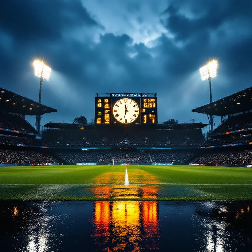 A stadium clock and scoreboard at a pivotal match moment