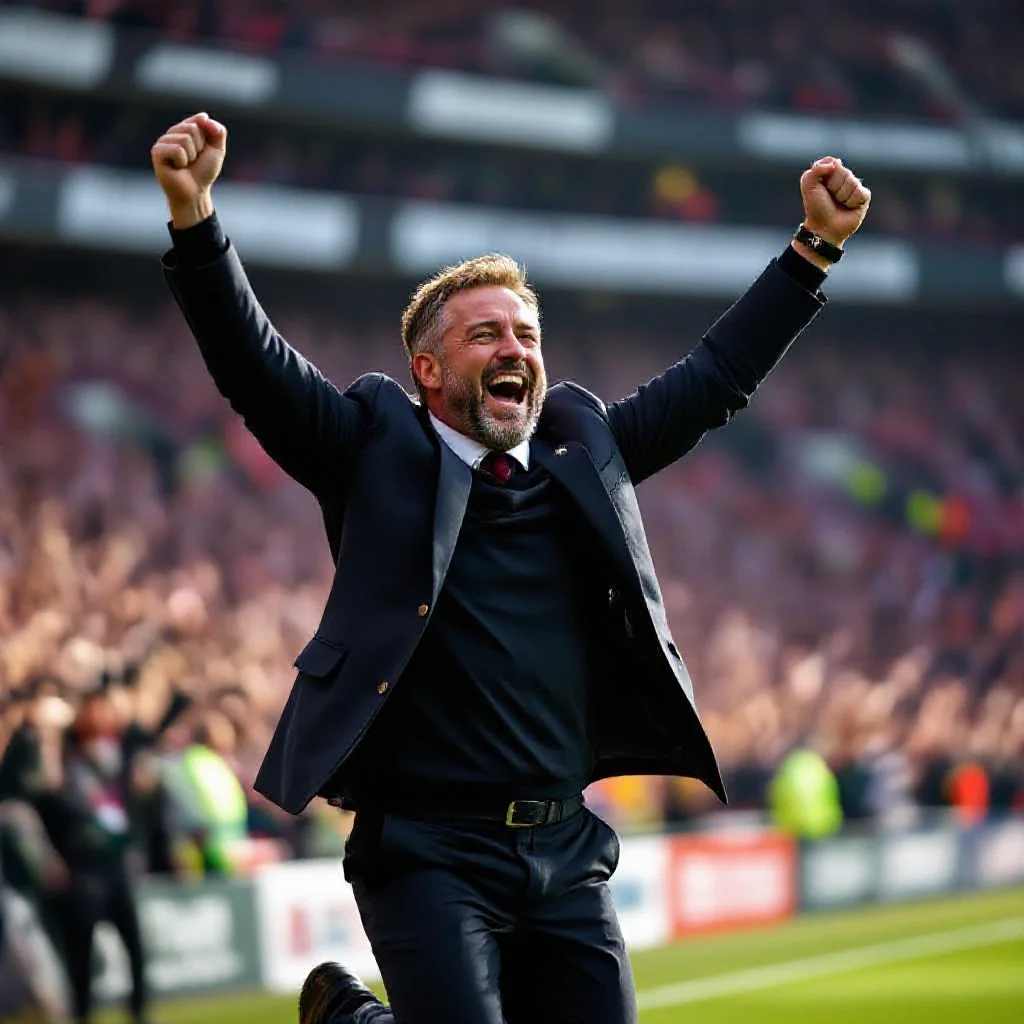 A football manager leaping from his technical area in celebration as a goal i...